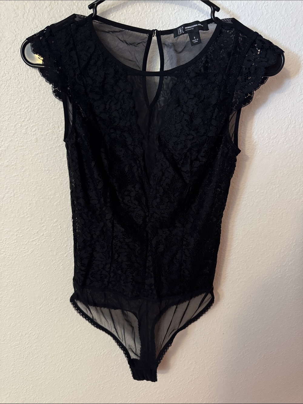 INC International Concepts Black Lace Cap-Sleeve Sheer-Panel Bodysuit